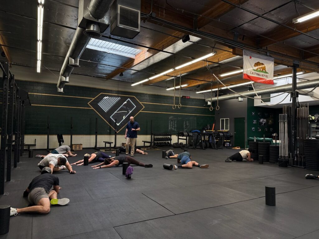 A full gym floor working through a mobility drill during a Built 2 Move workshop